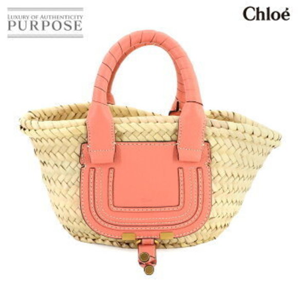 CHLOE Marcie Basket Handbag Beige Pink Raffia Leather - Picture 1 of 9
